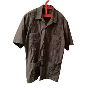 Maximos Yucatan Mexico Mens XL Guayabera Shirt Charcoal Embroidered 4 Pocket